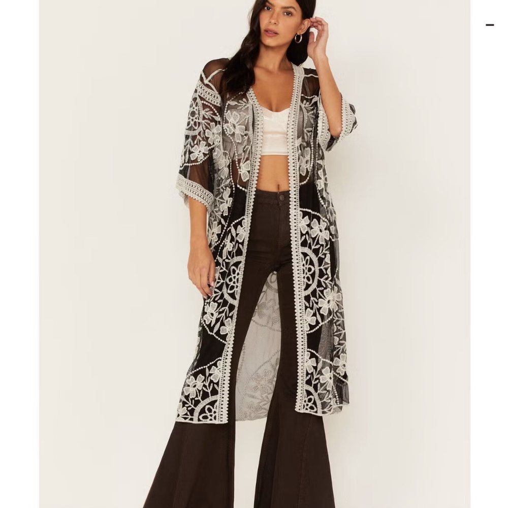 Marca Amit Collection Black Sheer Mesh Floral‎ Embroidered Duster Cardigan OS